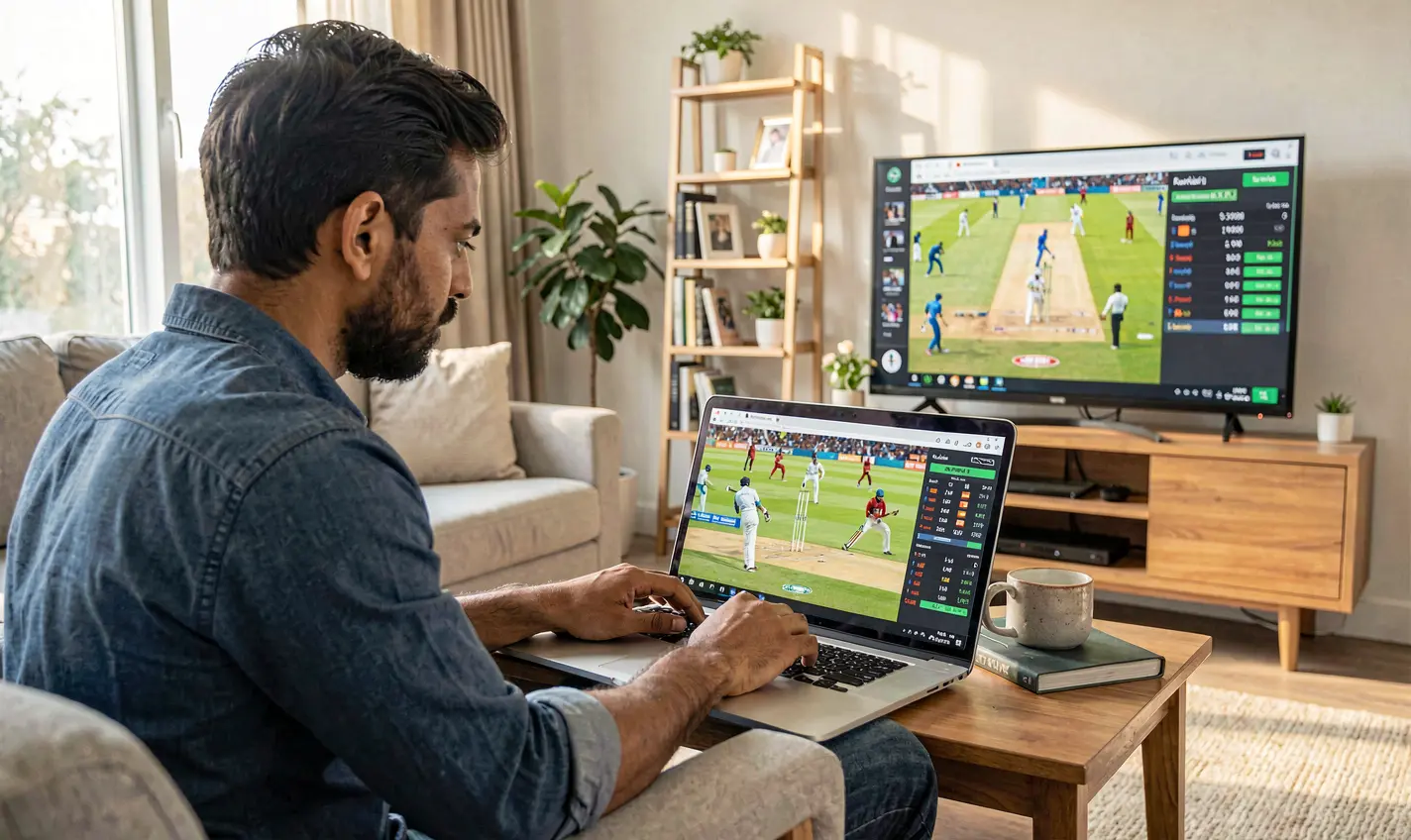 TK388 Bet – Place live cricket bets online in Bangladesh with ease Focused Bangladeshi player using the TK388 betting platform on a laptop while watching a live cricket match in a comfortable home setting