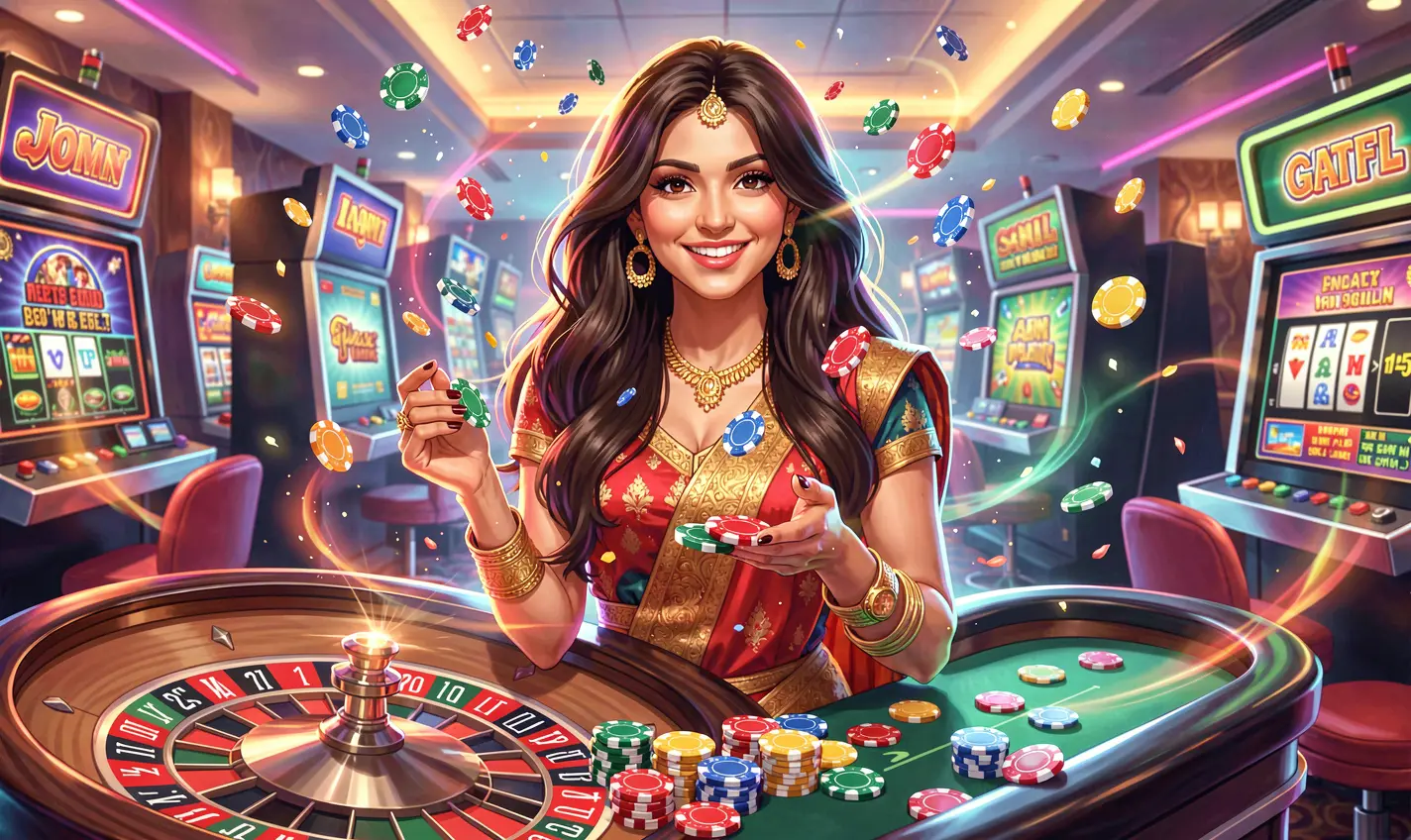 TK388 – Discover exclusive casino bonuses and rewards in Bangladesh Elegant Bangladeshi woman holding casino chips in a vibrant gaming atmosphere representing exclusive bonuses and rewards at TK388