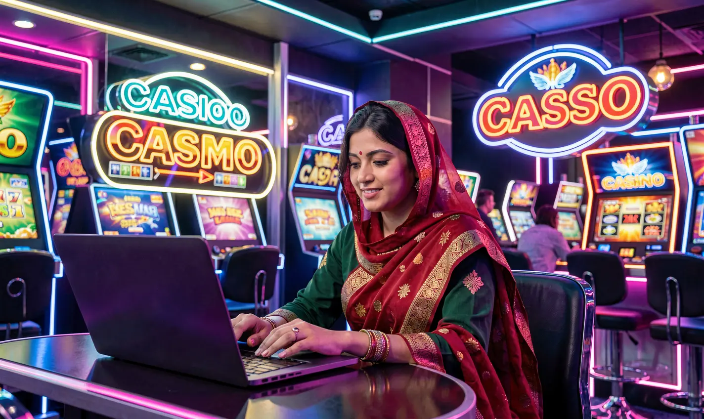 TK388 Games – Explore a world of exciting casino games for players in Bangladesh Focused female player in a neon lit casino environment using a laptop to explore the dynamic online games of TK388 in Bangladesh