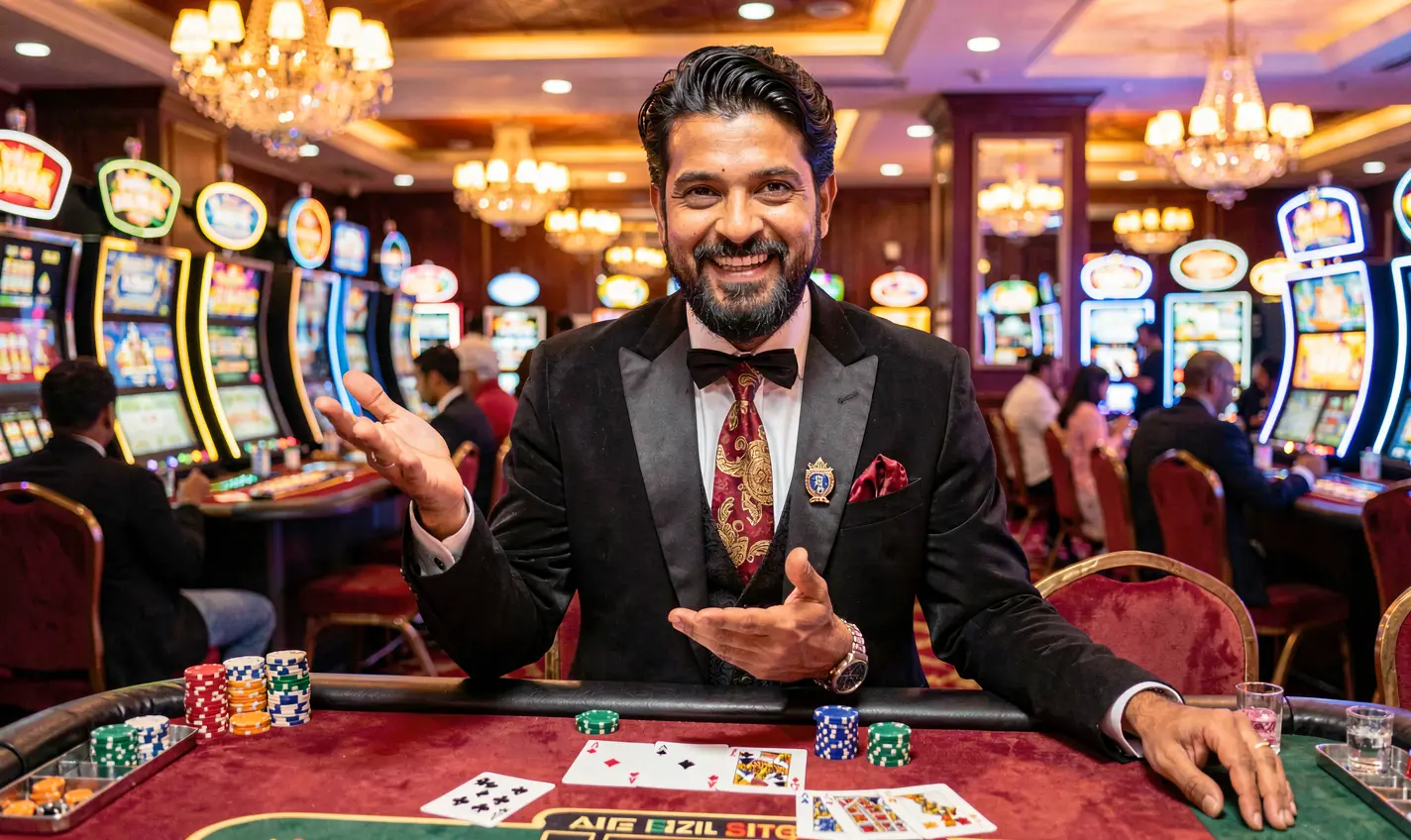 Confident Bangladeshi casino dealer pointing forward with glowing chips around him representing secure TK388 login and trusted gaming